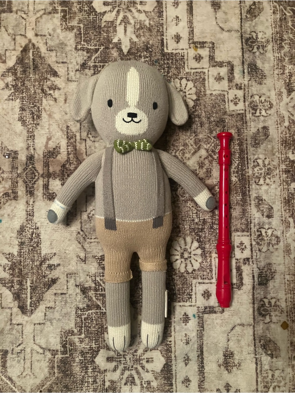 OshKosh B'gosh Gray and Tan Knit Puppy Plush with Green Bow